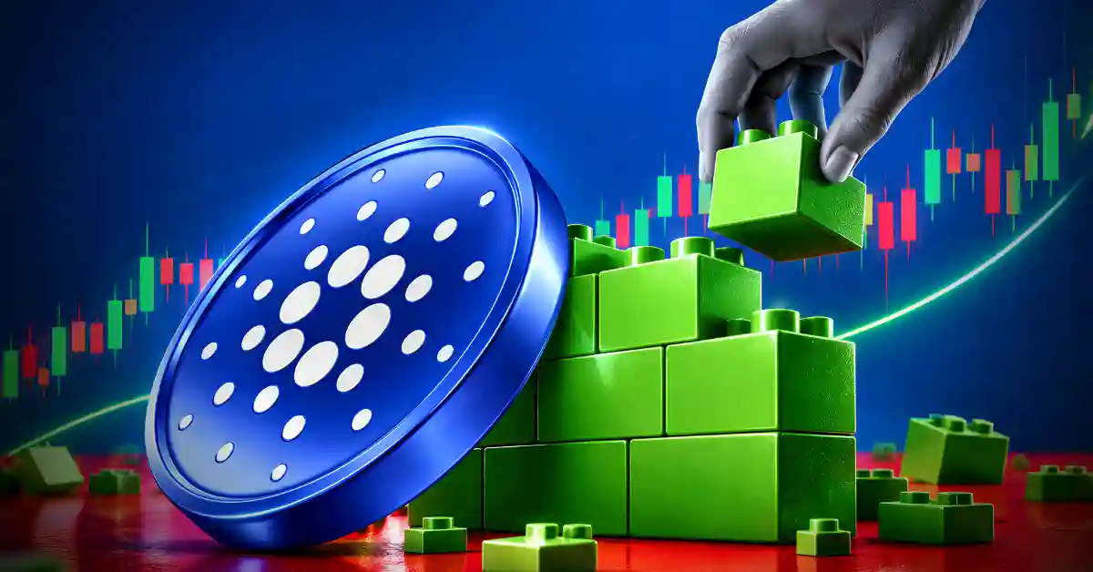 Cardano coin beside building blocks with rising candlestick chart.