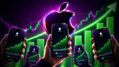 Hands holding iPhones displaying AAPL stock charts with glowing Apple logo.