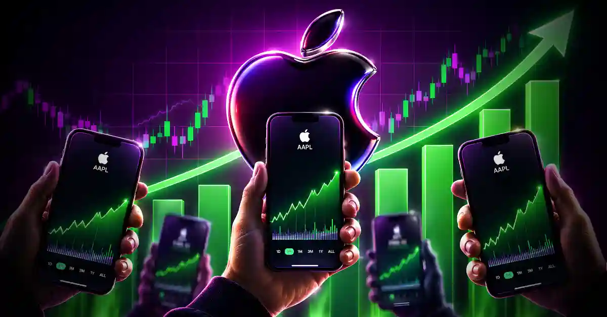 Hands holding iPhones displaying AAPL stock charts with glowing Apple logo.