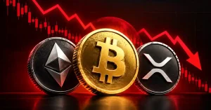 Bitcoin, Ethereum, and XRP coins with a falling red market chart.