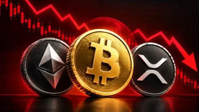 Bitcoin, Ethereum, and XRP coins with a falling red market chart.