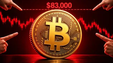 Hands pointing at Bitcoin coin with $83,000 level and falling chart.