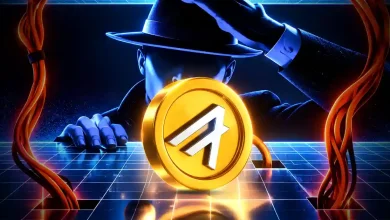 Gold Algorand ALGO coin with a shadowy hat figure on a grid background.