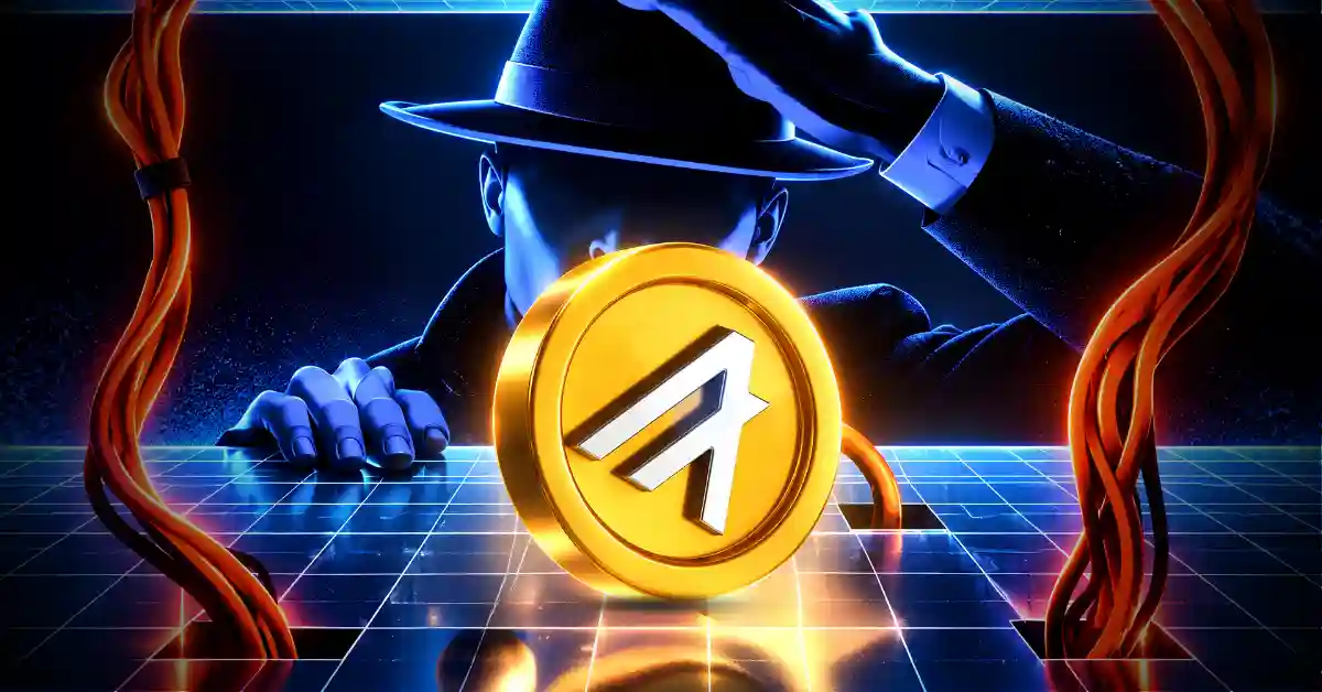 Gold Algorand ALGO coin with a shadowy hat figure on a grid background.
