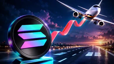 3D Solana coin on a runway with an airplane taking off along a red chart line.