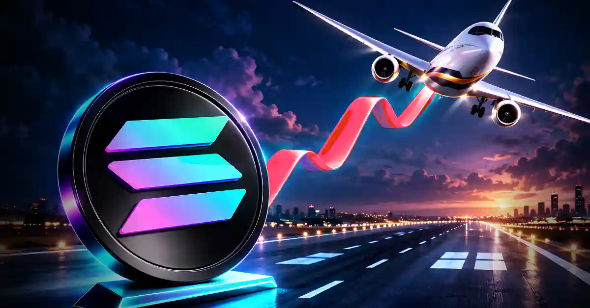 3D Solana coin on a runway with an airplane taking off along a red chart line.