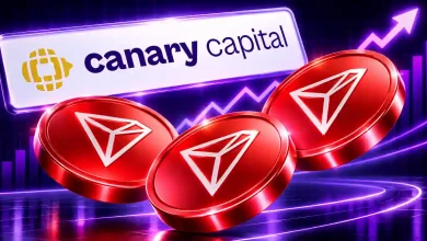 : Three red TRON TRX coins with Canary Capital logo and a purple rising chart.