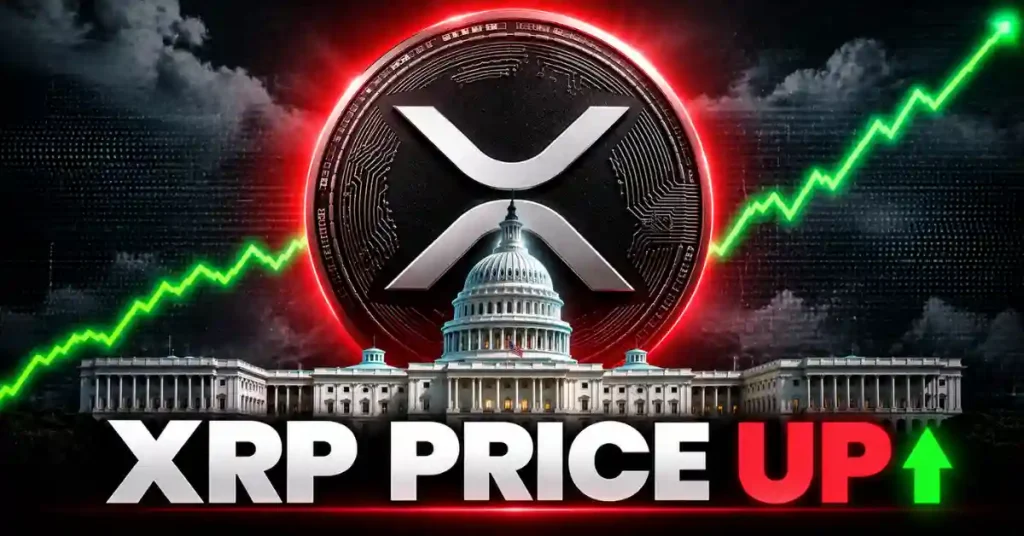 Glowing XRP coin over US Capitol building with a rising green line chart.