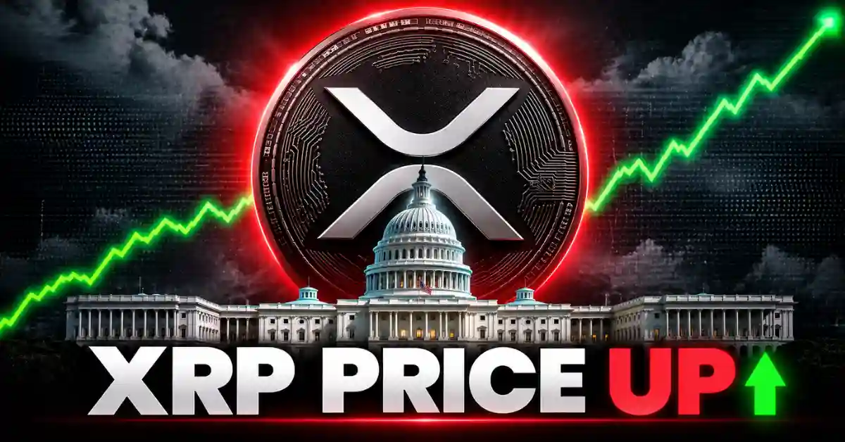 Glowing XRP coin over US Capitol building with a rising green line chart.