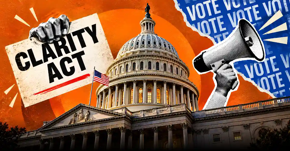 US Capitol with CLARITY Act sign and megaphones.