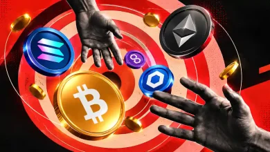Crypto coins floating over a red target with reaching hands.