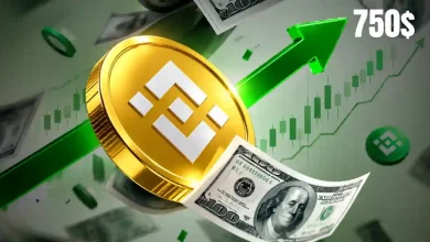 Gold BNB coin with rising green arrow and dollar bills.
