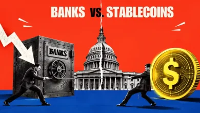 Tug of war between bank vault and giant stablecoin at US Capitol.