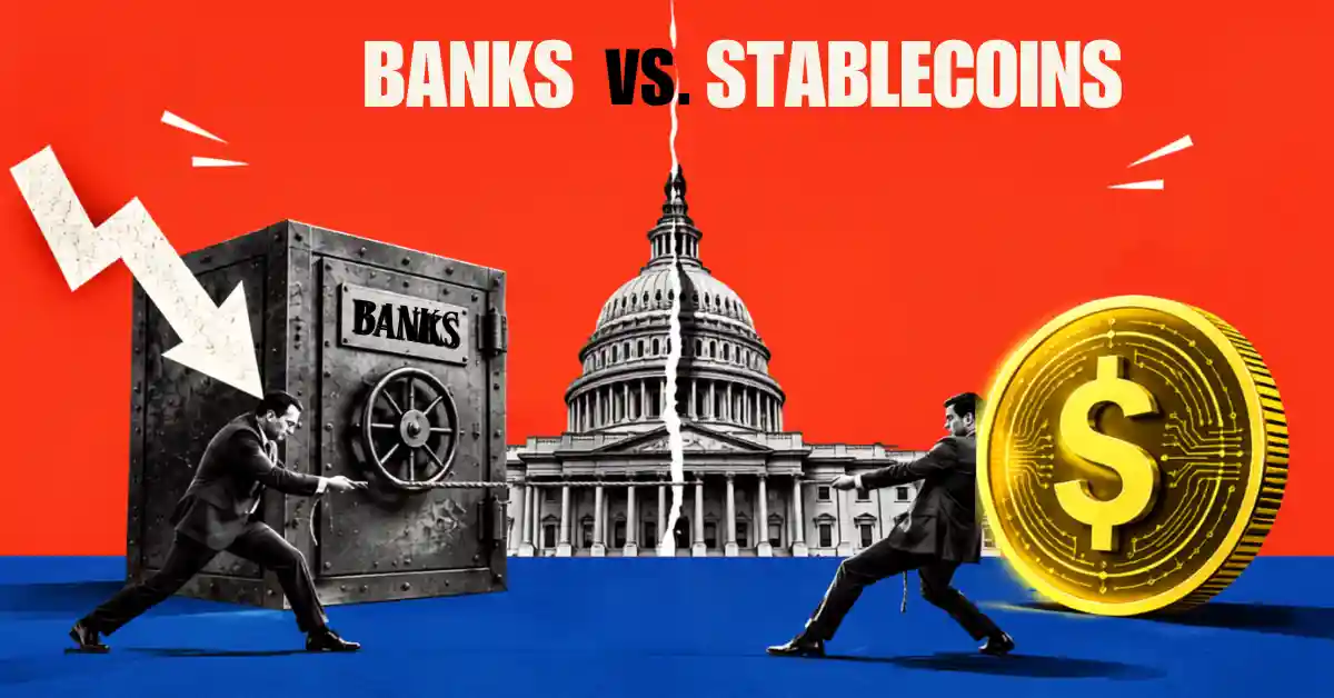 Tug of war between bank vault and giant stablecoin at US Capitol.
