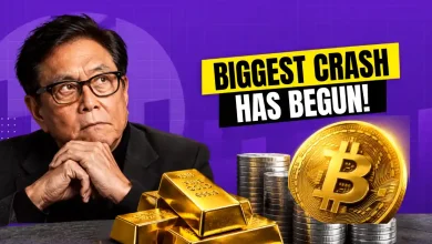 Robert Kiyosaki looking thoughtful next to gold bars, silver, and Bitcoin.