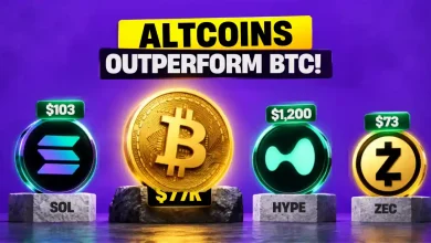 Solana, Bitcoin, Hyperliquid, and Zcash coins on stone pedestals.