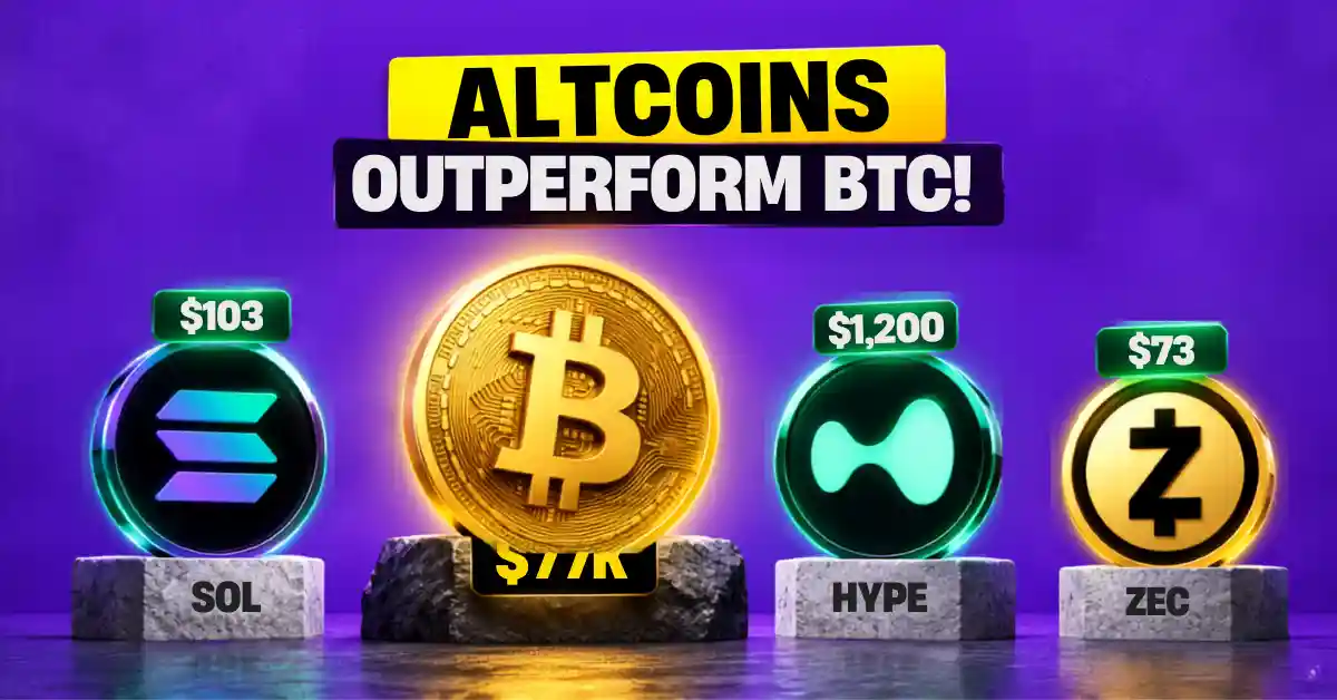 Solana, Bitcoin, Hyperliquid, and Zcash coins on stone pedestals.