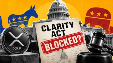 CLARITY Act document with BLOCKED stamp, XRP coin, and US Capitol.