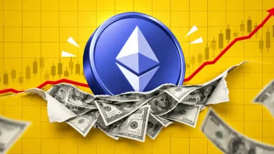 Blue Ethereum coin bursting through dollar bills with red upward arrow.