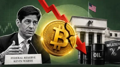 Kevin Warsh speaking with cracked Bitcoin and falling red arrow.