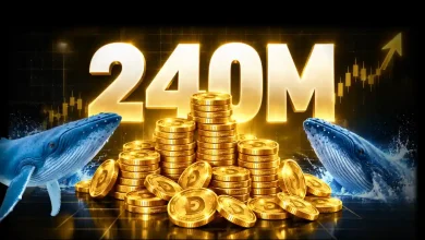 Blue whales surrounding golden Dogecoin stack with 240M text.