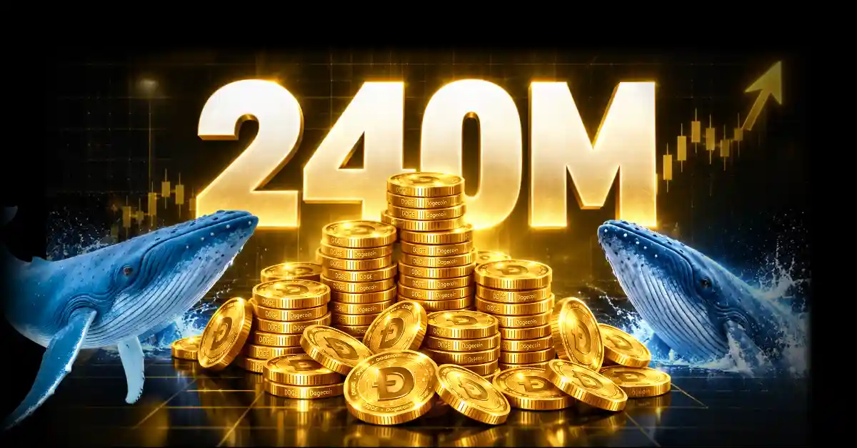 Blue whales surrounding golden Dogecoin stack with 240M text.