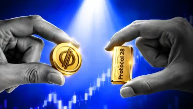 Hands holding a gold Stellar (XLM) coin and a Protocol 28 gold bar against a blue chart background.