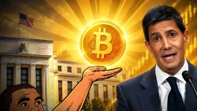 Hand holding glowing Bitcoin coin near US Federal Reserve building.