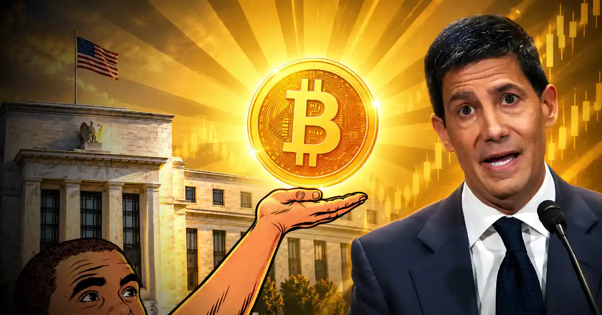 Hand holding glowing Bitcoin coin near US Federal Reserve building.