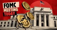 Cracked Bitcoin coin falling in front of Federal Reserve building.