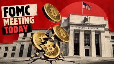 Cracked Bitcoin coin falling in front of Federal Reserve building.