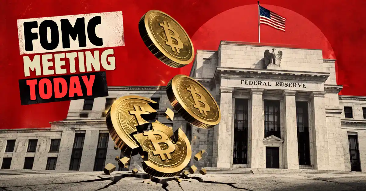 Cracked Bitcoin coin falling in front of Federal Reserve building.