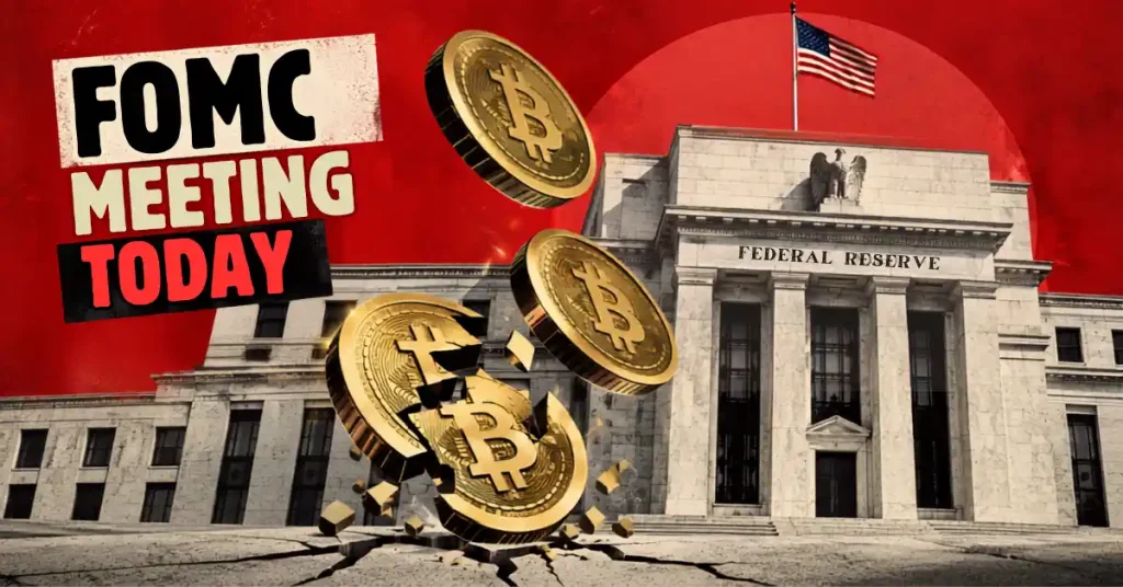 Cracked Bitcoin coin falling in front of Federal Reserve building.