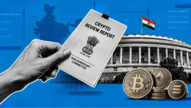 Hand holding Crypto Review Report near Indian Parliament house and coins.