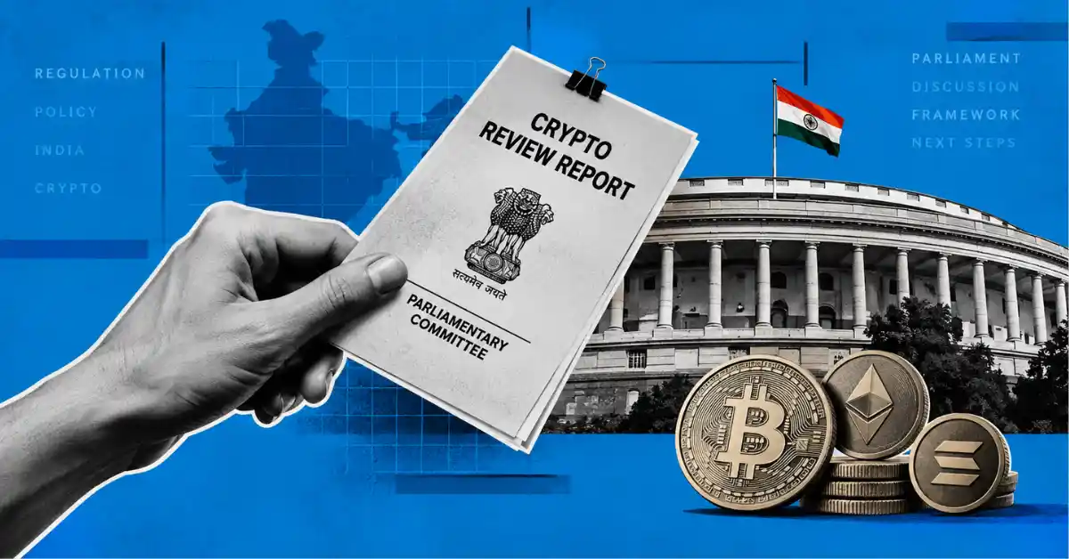 Hand holding Crypto Review Report near Indian Parliament house and coins.