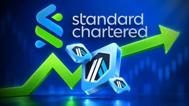 Arbitrum tokens rising along green arrow with Standard Chartered logo.