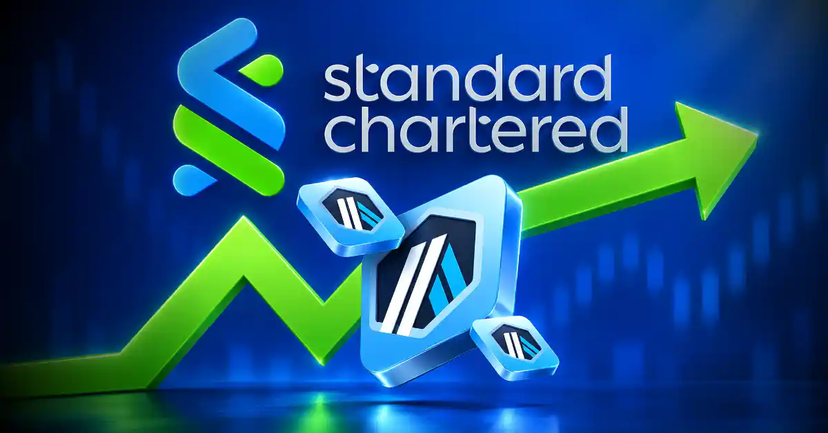 Arbitrum tokens rising along green arrow with Standard Chartered logo.