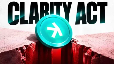 Kaspa coin balancing over a cliff with CLARITY Act text.