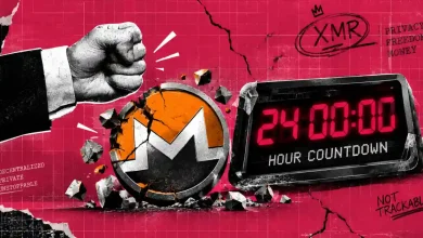 Fist smashing Monero logo beside a 24-hour digital countdown timer.