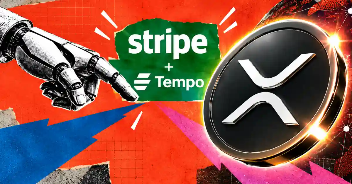 Robotic hand pointing at Stripe and Tempo logos beside an XRP coin.