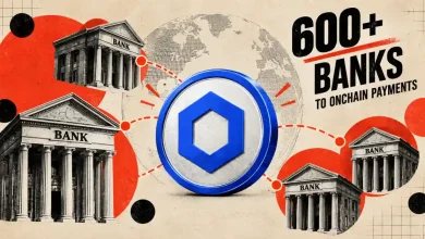 Chainlink logo connecting multiple traditional bank buildings on a globe graphic.