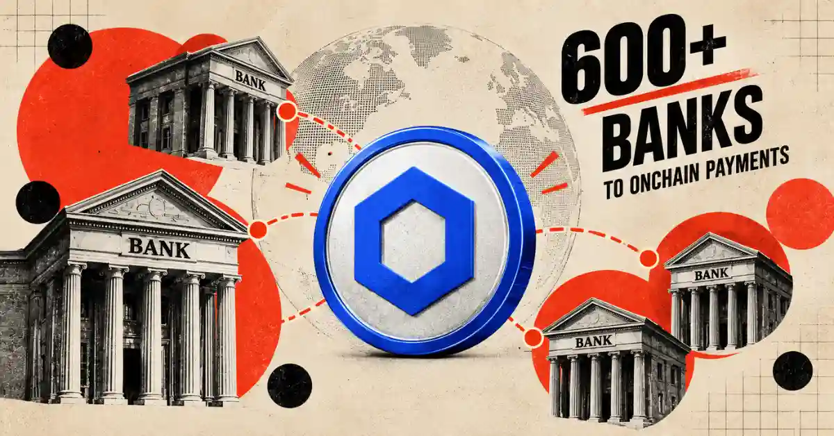 Chainlink logo connecting multiple traditional bank buildings on a globe graphic.