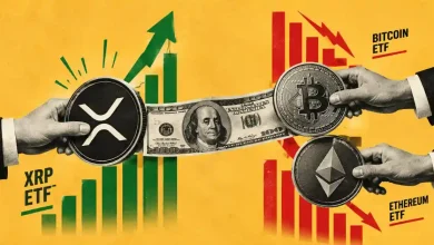 Hands pulling a dollar bill between XRP coin with rising green chart and BTC, ETH coins with falling red chart.