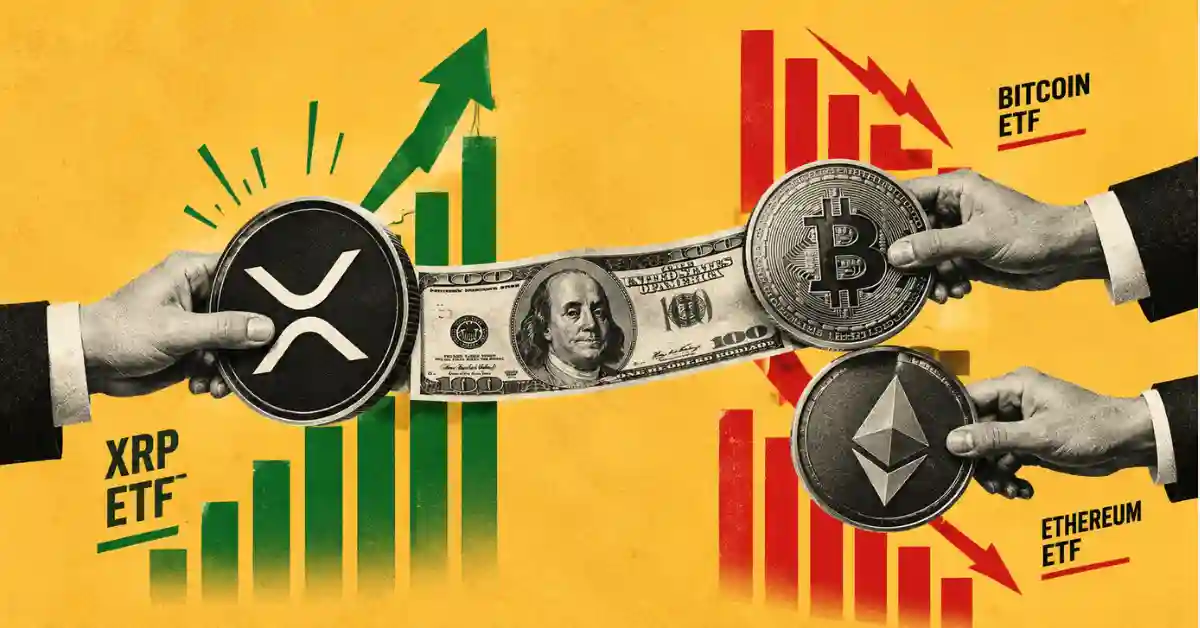 Hands pulling a dollar bill between XRP coin with rising green chart and BTC, ETH coins with falling red chart.