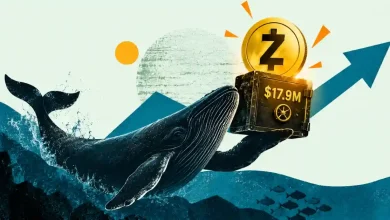 Whale emerging from ocean holding a $17.9M safe with a Zcash coin.