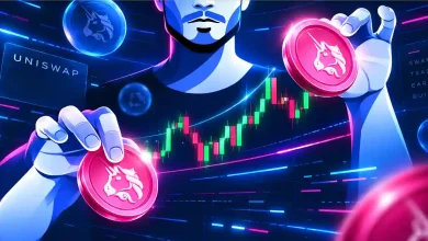 Hands holding Uniswap coins over a green trading chart.