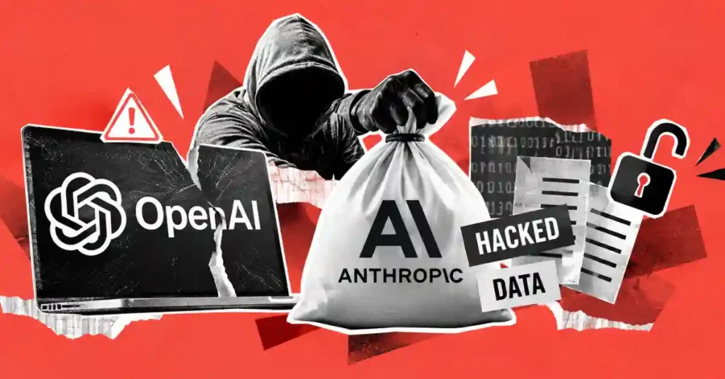 Hooded hacker holding Anthropic bag next to broken OpenAI laptop.