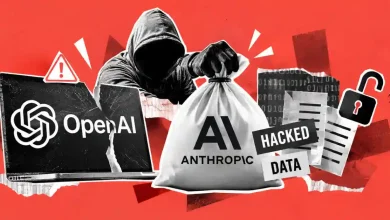 Hooded hacker holding Anthropic bag next to broken OpenAI laptop.