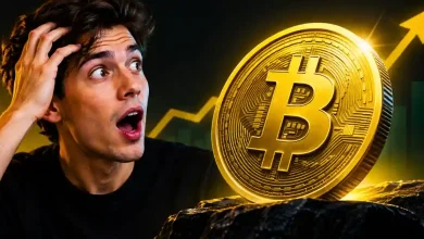 Surprised trader looking at glowing Bitcoin next to rising chart.