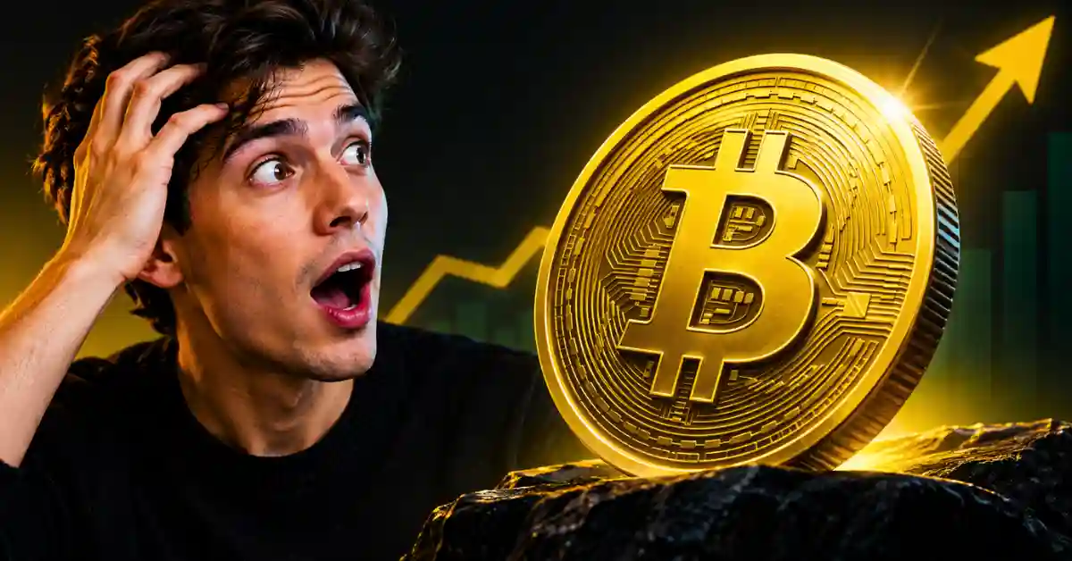 Surprised trader looking at glowing Bitcoin next to rising chart.